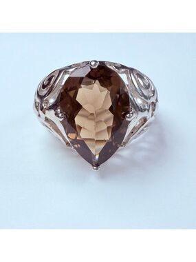 5.5 CT Smoky Quartz Solitaire Sterling Silver Filigree Scroll OpenWork Dome Ring